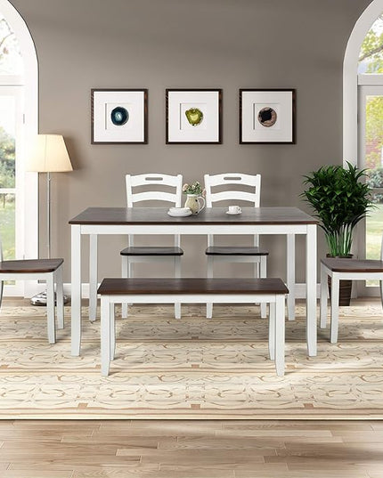 Modern Style 6 Piece Table 4 Chairs and Multifunctional Bench, Spacious Set, Long-Lasting Solid Rubber Wood, for Kitchen, Dining Room, Ivory - LeafyLoom