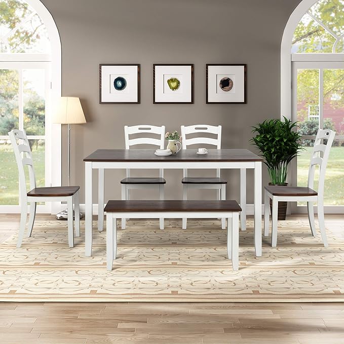 Modern Style 6 Piece Table 4 Chairs and Multifunctional Bench, Spacious Set, Long-Lasting Solid Rubber Wood, for Kitchen, Dining Room, Ivory - LeafyLoom