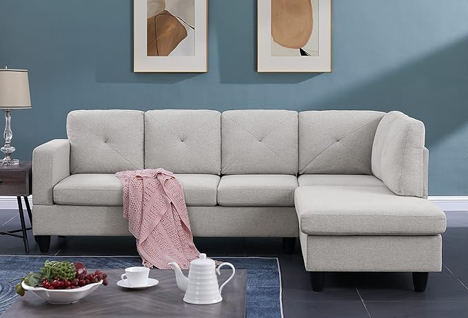 LOVMOR Living Room Reversible Sectional Sofa with Dropdown Armrest, Cupholder, Ottoman and Storage Chaise, Linen Couch for Home Furniture, Apartment, Dorm, Santiago Light Gray, 96 Inch - LeafyLoom