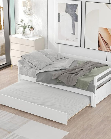 Wooden Extendable Daybed, Twin to King Daybed Frame with Trundle, Extending Sofa Bed for Living Room Bedroom Guest Room, White - LeafyLoom