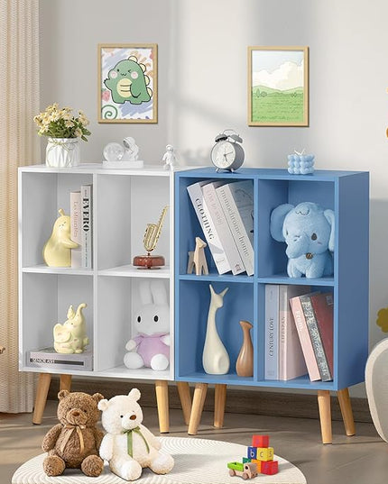 YAHARBO 4 Cube Bookshelf, Blue Small Kids Book Shelf with Cubby Storage,Wooden Modern Bookcase with Legs,2 Tier Freestanding Display Book Case Organizer,Bookshelves for Office,Nursery,Playroom - LeafyLoom