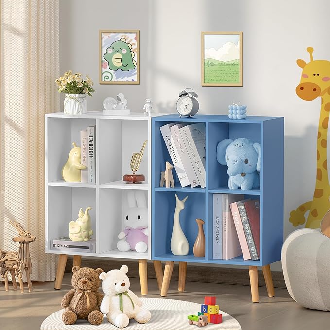 YAHARBO 4 Cube Bookshelf, Blue Small Kids Book Shelf with Cubby Storage,Wooden Modern Bookcase with Legs,2 Tier Freestanding Display Book Case Organizer,Bookshelves for Office,Nursery,Playroom - LeafyLoom