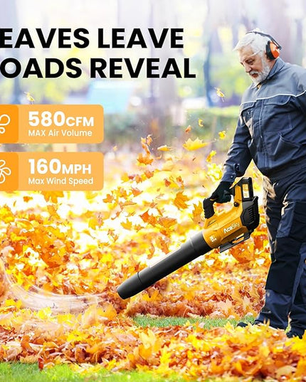 Leaf Blower Cordless, 580CFM/160MPH & 3 Speed Levels, Electric Cordless Leaf Blower with 2 * 4.0Ah Battery Powered, Blowers for Lawn Care, Blower with Extension Nozzle - LeafyLoom