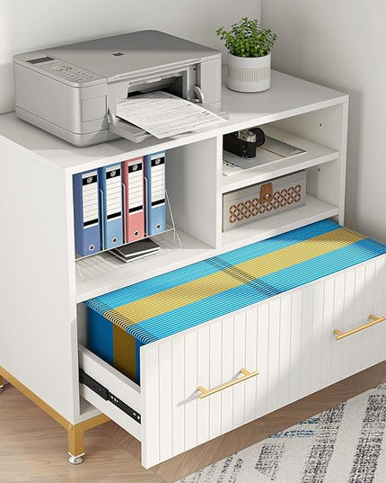 White Lateral File Cabinet with Drawer, 35.4" Modern Filing Cabinet with Adjustable Hanging Rod for Legal/Letter/A4 Size Files, Wood Printer Stand with Open Storage Spaces for Home Office - LeafyLoom