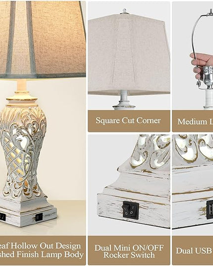 Set of 2 Table Lamps for Bedroom Living Room, Bedside Lamp with Fabric Shades, 29'' Tall Coastal Nautical Lamp with USB and Nightlight - LeafyLoom
