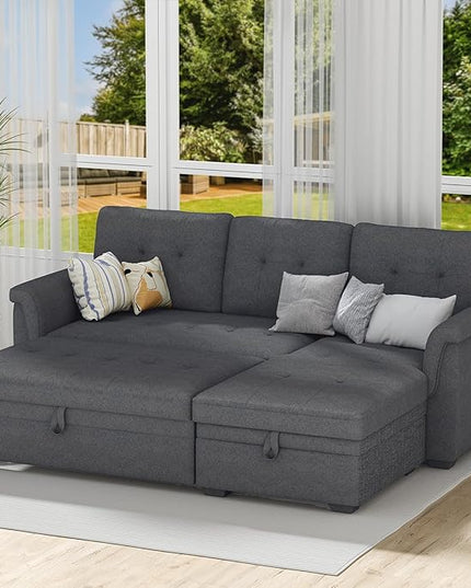 LOVMOR L-Shape Reversible Linen Fabric Sleeper Sectional Sofa with Storage Chaise, Dark Gray Corner Couch with Arms for Living Room, Home Furniture, Apartment, Dorm, 84 Inch - LeafyLoom