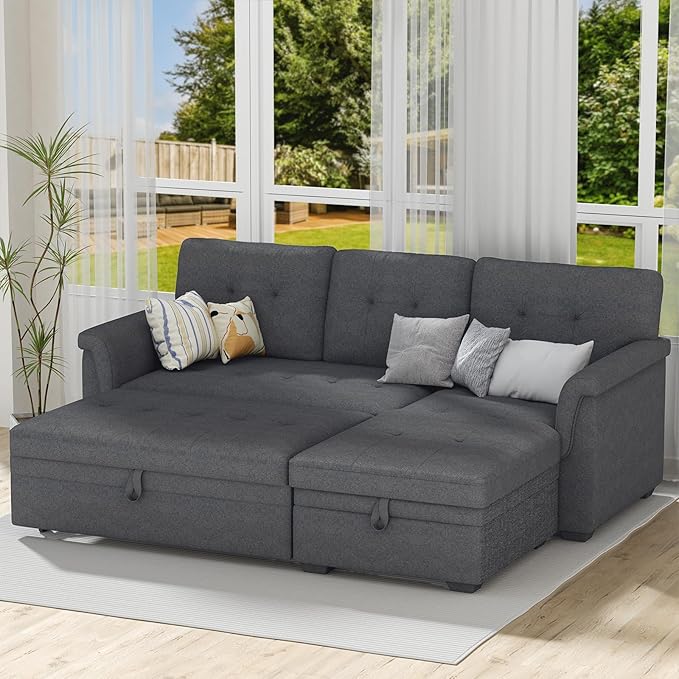 LOVMOR L-Shape Reversible Linen Fabric Sleeper Sectional Sofa with Storage Chaise, Dark Gray Corner Couch with Arms for Living Room, Home Furniture, Apartment, Dorm, 84 Inch - LeafyLoom