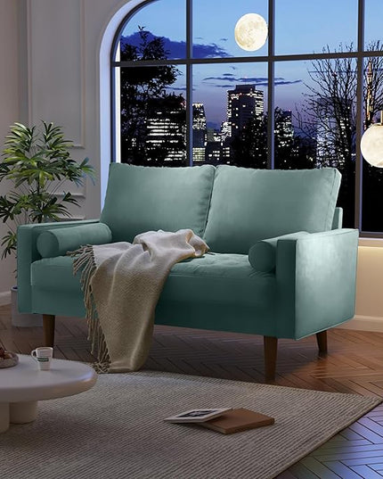 Velvet Furniture for Small Spaces, Mid-Century Modern Loveseats for Living Room, Love Seat Couch Sofas, 58 Inches, Aqua Turquoise - LeafyLoom