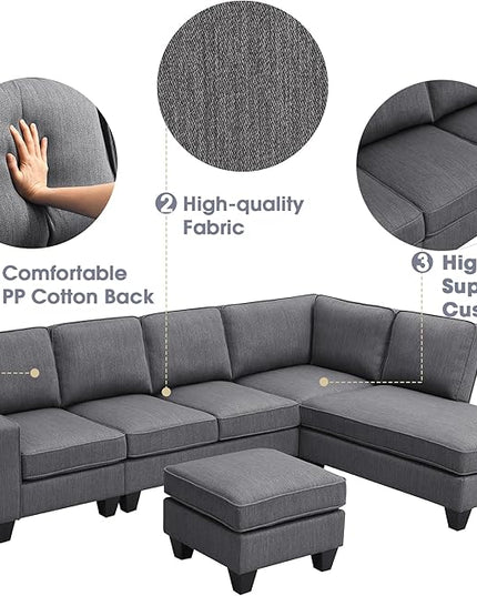 104" L-shaped Sectional Sofa-7 Seater Couch Set with Chaise Lounge and Convertible Ottoman, Comfy Sectional Couches for Living Room,Apartment,Office - LeafyLoom