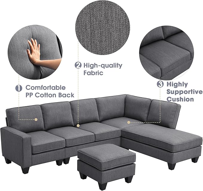 104" L-shaped Sectional Sofa-7 Seater Couch Set with Chaise Lounge and Convertible Ottoman, Comfy Sectional Couches for Living Room,Apartment,Office - LeafyLoom