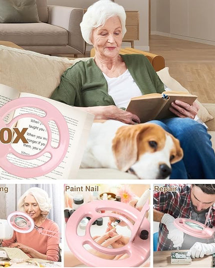 HITTI 2200 Lumens 10X Magnifying Glass with Light and Stand, 24W Super Bright Esthetician Light Magnifier, Stepless Dimmable Hands Free Magnfiying Lamp for Workbench Craft Painting Nail Hobby - Pink - LeafyLoom