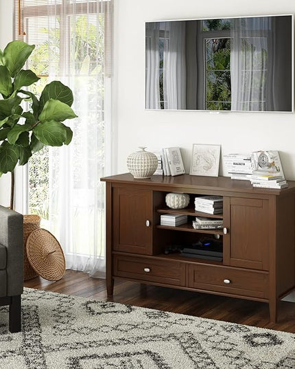 SIMPLIHOME Warm Shaker SOLID WOOD 47 Inch Wide Transitional TV Media Stand in Russet Brown for TVs up to 50 Inches, For the Living Room and Entertainment Center - LeafyLoom
