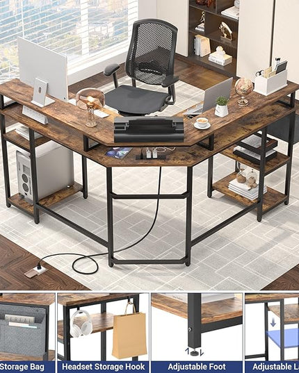 Aheaplus L Shaped Gaming Desk with Power Outlets & LED Lights, Corner Computer Desk with Monitor Stand and Storage Shelf, Home Office Writing Desk with Storage Bag, Rustic Brown - LeafyLoom