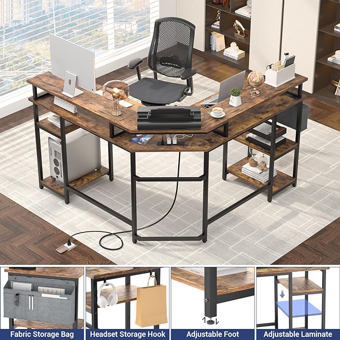 Aheaplus L Shaped Gaming Desk with Power Outlets & LED Lights, Corner Computer Desk with Monitor Stand and Storage Shelf, Home Office Writing Desk with Storage Bag, Rustic Brown - LeafyLoom
