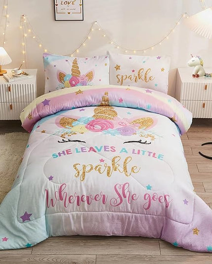 Twin Size Comforter Set for Girls, 5-Piece Bed in a Bag, 3D Colorful Unicorn Bedding Comforter Sheet Set, Ultra Soft and Fluffy, Pink & Rainbow Color - LeafyLoom