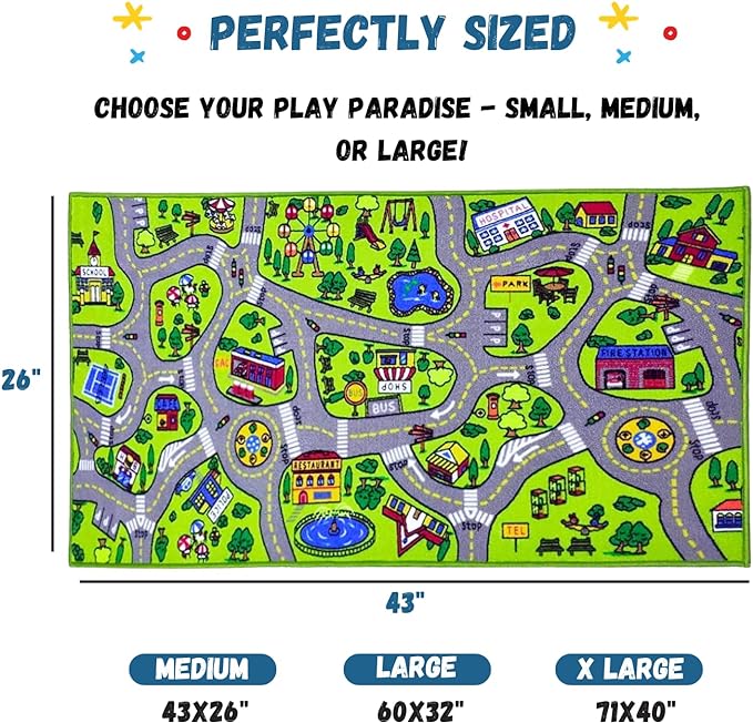 ToyVelt Kids Carpet Playmat Car Rug – Educational Road Traffic Carpet Multi Color Play Mat - Best Kids Rugs for Playroom & Kid Bedroom – for Ages 3-12 Years Old (43" L x 26" W) - LeafyLoom
