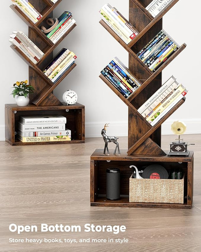 6 Tier Tree Bookshelf with Light, Small Bookcase Tower for Books/CDs/Movies, Sturdy Tall Floor Standing Book Organizer with Storage Cabinet for Living Room, Bedroom and Home Office - LeafyLoom