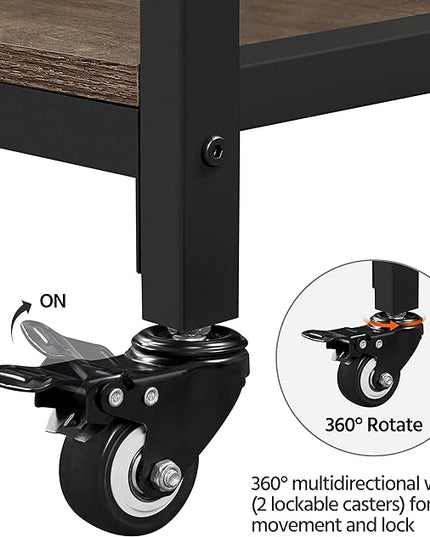 Yaheetech Kitchen Cart with Power Outlet, Rolling Kitchen Island on Wheels with Glass Holder & Hooks, Utility Trolley Cart Coffee Bar Microwave Stand Cart with Lockable Casters, Taupe Wood - LeafyLoom