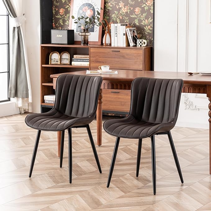 YOUNIKE Dining Chairs Set of 2 Leather Kitchen Chair with Metal Legs Armless Accent Chair Upholstered Dining Room Chairs with Back Mid Century Modern Vanity Chair Side Chairs, Espresso Brown - LeafyLoom