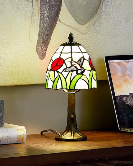 Tiffany Style mini table Lamp-Stained Glass Hummingbird with Tulip Design Table or Desk Light LED Bulb Included-Vintage Look Colorful Accent Decor - LeafyLoom