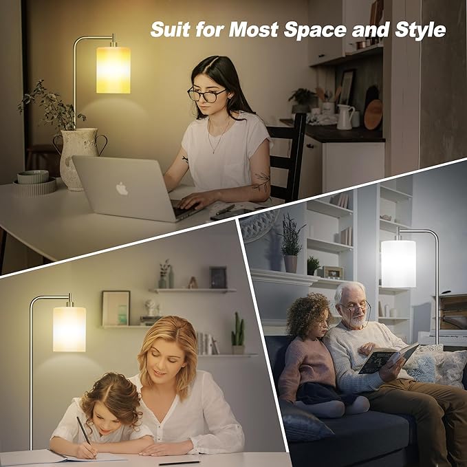 QiMH Floor Lamps for Living Room, Modern LED Standing Reading Light for Bedroom with Glass Shade, Tall Industrial 3 Colors Dimmable Pole Lamp with Foot Control for Home Office Corner Decor (Silver) - LeafyLoom