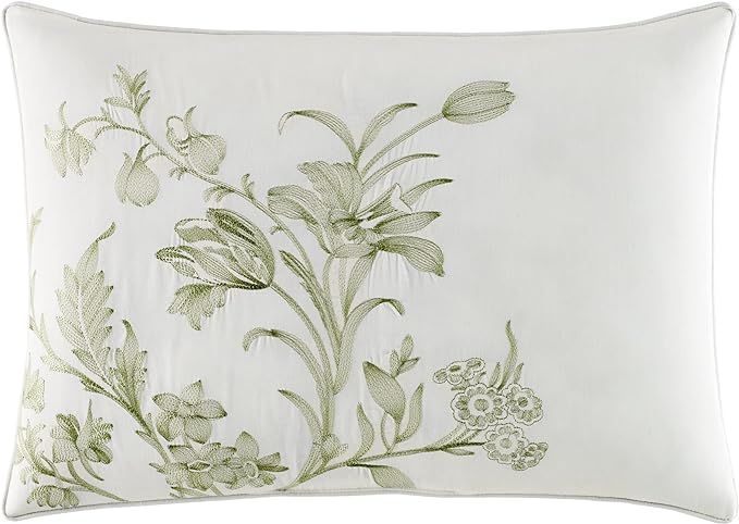 Laura Ashley Home - Twin Size Comforter Set, Reversible Cotton Bedding, Includes Matching Sham with Bonus Euro Sham & Throw Pillows (Natalie Sage/Off White, Twin) - LeafyLoom