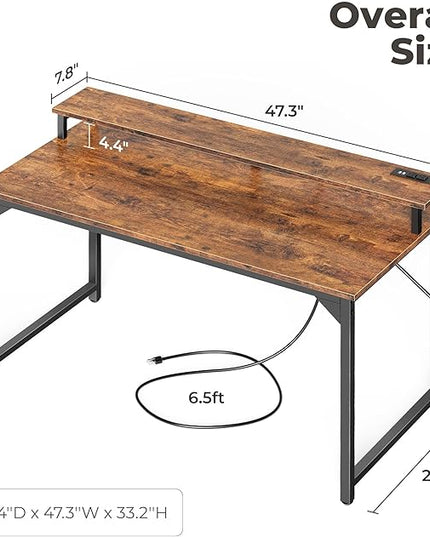 SUPERJARE 47 inch Computer Desk with LED Lights & Power Outlets, Home Office Desk with Monitor Shelf, Small Desk for Home & Office, Rustic Brown - LeafyLoom