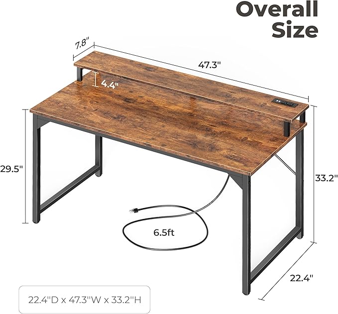 SUPERJARE 47 inch Computer Desk with LED Lights & Power Outlets, Home Office Desk with Monitor Shelf, Small Desk for Home & Office, Rustic Brown - LeafyLoom