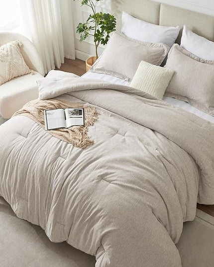 CozyLux Full Size Comforter Set - 3 Pieces Beige Soft Luxury Cationic Dyeing Bedding Comforter for All Season, Breathable Lightweight Fluffy Boho Bed Sets with 1 Comforter and 2 Pillow Shams - LeafyLoom