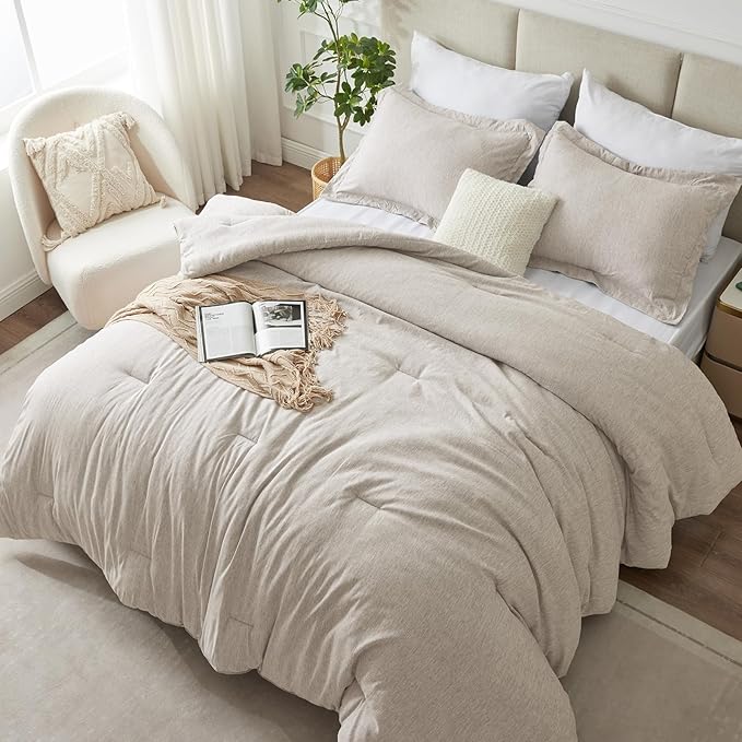 CozyLux Full Size Comforter Set - 3 Pieces Beige Soft Luxury Cationic Dyeing Bedding Comforter for All Season, Breathable Lightweight Fluffy Boho Bed Sets with 1 Comforter and 2 Pillow Shams - LeafyLoom