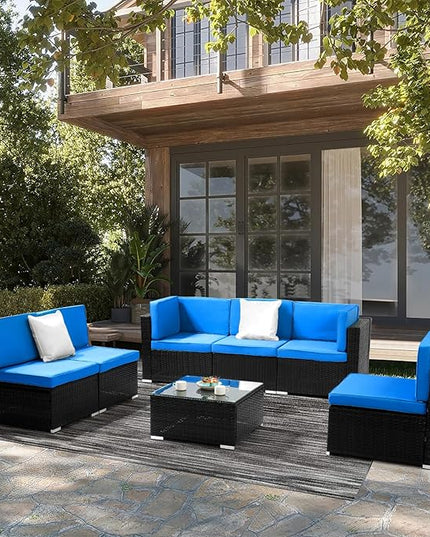 Outvita OutdoorRattan Conversation Set, 7 Pieces PE Rattan Sofa Wicker Patio Furniture Sets with Waterproof Soft Cushion for Backyard Porch Garden Poolside (Black & Blue) - LeafyLoom