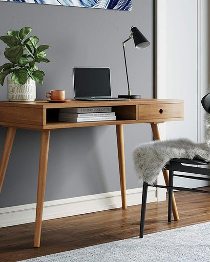 Nathan James Parker Modern Home Office Writing, Computer or Laptop Desk with Open Storage Cubby and Small Drawer, Walnut - LeafyLoom