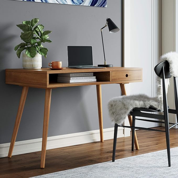 Nathan James Parker Modern Home Office Writing, Computer or Laptop Desk with Open Storage Cubby and Small Drawer, Walnut - LeafyLoom