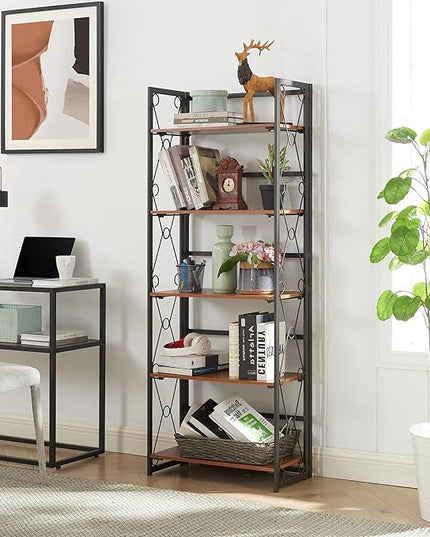 VECELO Folding Bookshelf,5 Tier Bookcase Foldable Easy Assembly, Industrial Book Shelf Storage Organizer with X Metal Frame and Anti-Toppling Design, - LeafyLoom
