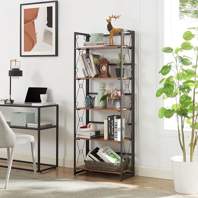 VECELO Folding Bookshelf,5 Tier Bookcase Foldable Easy Assembly, Industrial Book Shelf Storage Organizer with X Metal Frame and Anti-Toppling Design,1 Set - LeafyLoom