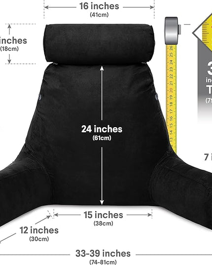 Husband Pillow XXL Aspen Edition, Adult Reading Sit Up Bed Rest Pillow for Bed with Arms & Neck Roll on Bungee Cord - Premium Memory Foam - Reversible 2 Sided Cover Micro Suede or Plush, Stable Black - LeafyLoom