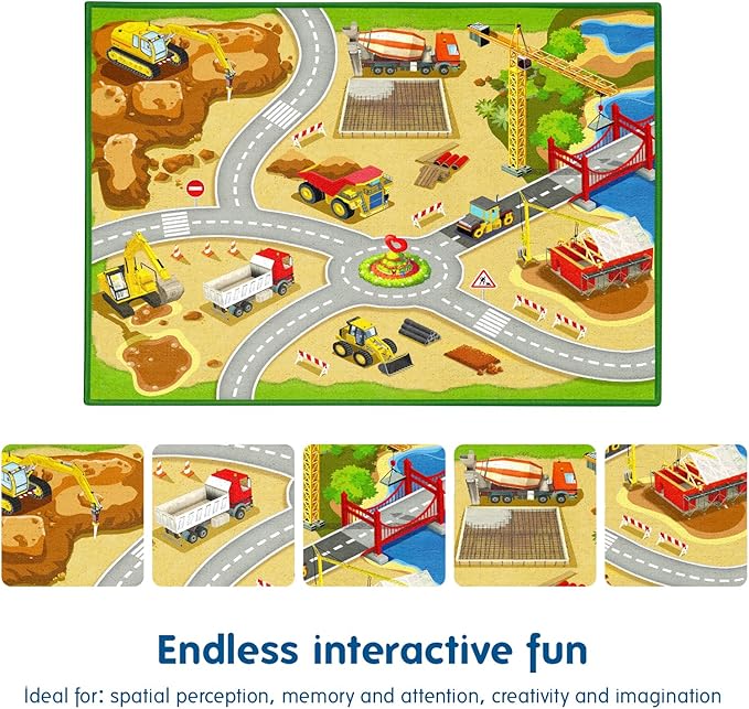 Booooom Jackson Construction Car Rug Kids Rug 39”,x79”,Durable Construction Site Play Mat,Construction Car Mat, Construction Area Rug,Car Road Rug for Play and Learning,Construction Vehicle Play Mat - LeafyLoom