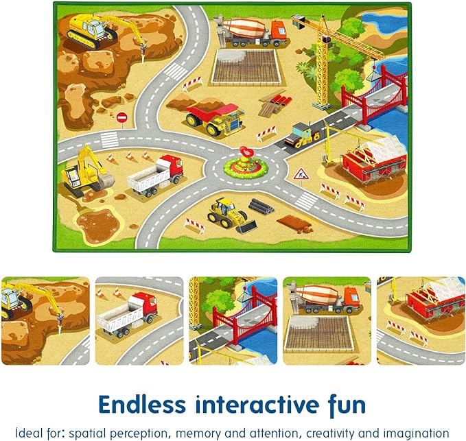 Booooom Jackson Construction Car Rug Kids Rug 39”,x79”,Durable Construction Site Play Mat,Construction Car Mat, Construction Area Rug,Car Road Rug for Play and Learning,Construction Vehicle Play Mat - LeafyLoom
