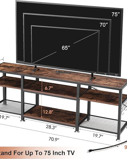 VECELO TV Stand with Power Outlets for Televisions Up to 75 Inch, Industrial Entertainment Center with 3-Tier Open Storage Shelves & 6 Hooks for Living, Bedroom and Gaming Room, 70 Inch, Brown - LeafyLoom