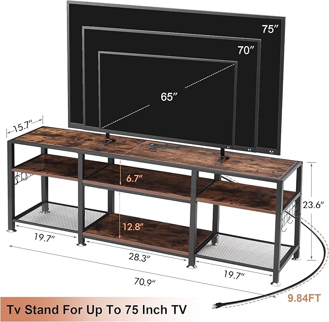 VECELO TV Stand with Power Outlets for Televisions Up to 75 Inch, Industrial Entertainment Center with 3-Tier Open Storage Shelves & 6 Hooks for Living, Bedroom and Gaming Room, 70 Inch, Brown - LeafyLoom