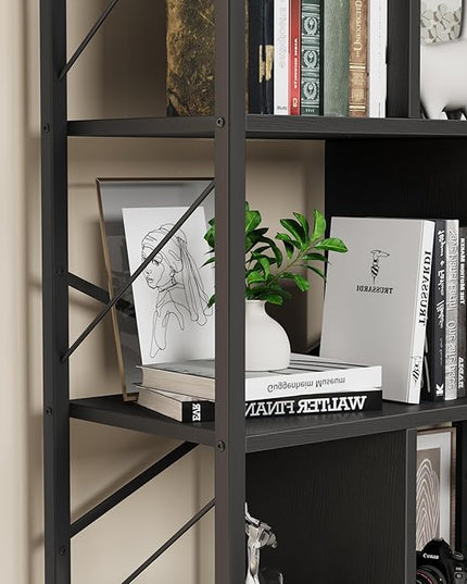 5 Tier Bookshelf with Storage, 61 Inch Tall Industrial Book Shelf with Open Display Bookshelves, 5 Shelf Bookcase with Metal Frame for Living Room, Bedroom and Home Office-Black - LeafyLoom