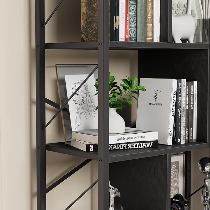 5 Tier Bookshelf with Storage, 61 Inch Tall Industrial Book Shelf with Open Display Bookshelves, 5 Shelf Bookcase with Metal Frame for Living Room, Bedroom and Home Office-Black - LeafyLoom