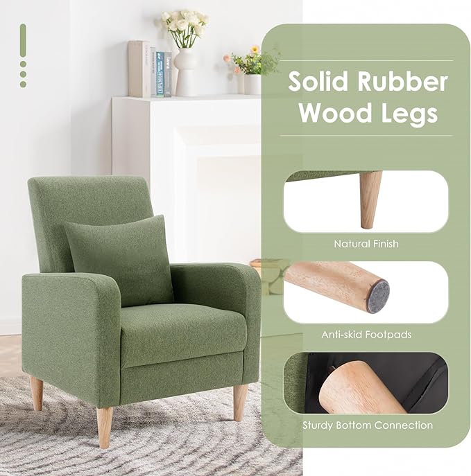 COLAMY Modern Upholstered Accent Chair Armchair with Pillow, Fabric Reading Living Room Side Chair,Single Sofa with Lounge Seat and Wood Legs, Green - LeafyLoom
