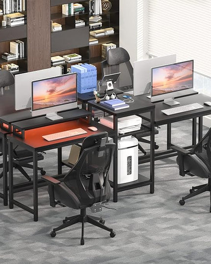 Unikito 2 Person Computer Desk with LED Light and Power Outlet, Double Gaming Desk, Large Workstation with Storage and Printer Stand, Long Desk, Office Work Desk with Shelf, Writing Study Table, Black - LeafyLoom