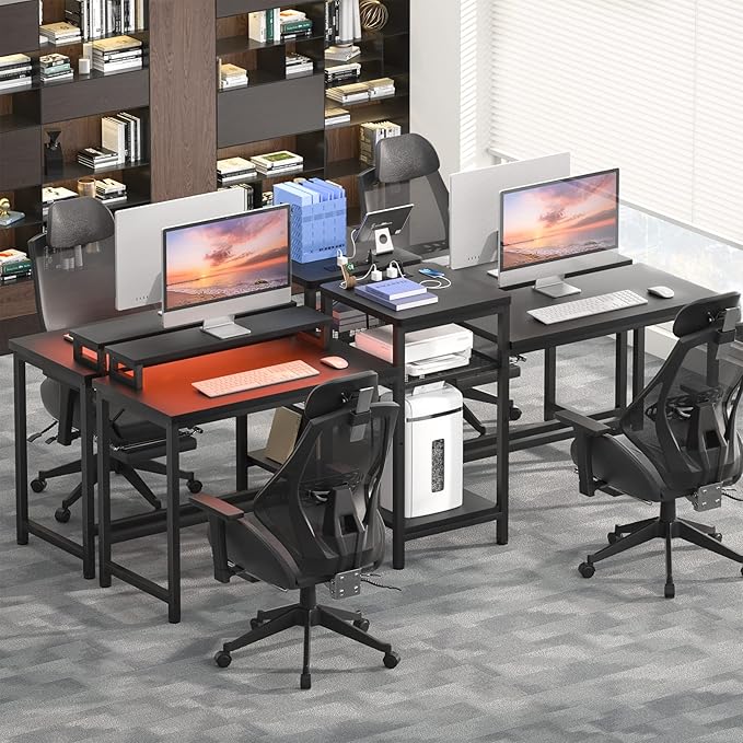 Unikito 2 Person Computer Desk with LED Light and Power Outlet, Double Gaming Desk, Large Workstation with Storage and Printer Stand, Long Desk, Office Work Desk with Shelf, Writing Study Table, Black - LeafyLoom