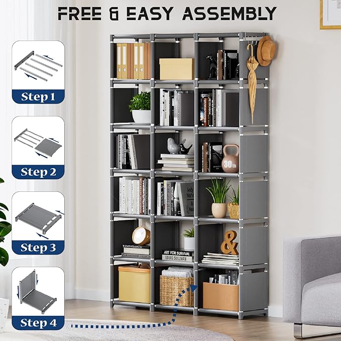 Mavivegue Bookshelf,18 Cube Storage Organizer,Extra Large Book Shelf Organizer,Tall Bookcase Shelf,Book Cases/Shelves,Grey Cube Shelf,Cubbies Closet Shelves for Bedroom,Living Room,Home,Office - LeafyLoom