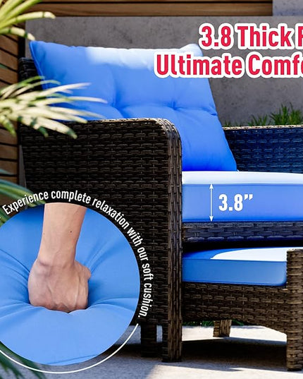 Pamapic 5 Pieces Wicker Patio Furniture Set Outdoor Patio Chairs with Ottomans Conversation Furniture with coffetable for Poorside Garden Balcony(Blue Cushion + Black Rattan)… - LeafyLoom