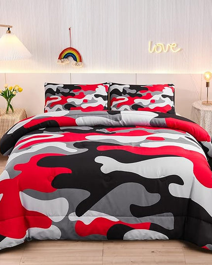 Meeting Story Camouflage Bedding Set, Colorful Pattern Style Comforter Set, 3 PCS One Comforter and Two Pillowcases in One Bag, All Season Bedspread for Boys Teens Adults (Black, Full) - LeafyLoom