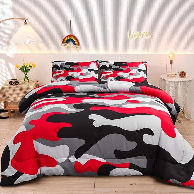Meeting Story Camouflage Bedding Set, Colorful Pattern Style Comforter Set, 3 PCS One Comforter and Two Pillowcases in One Bag, All Season Bedspread for Boys Teens Adults (Black, Full) - LeafyLoom