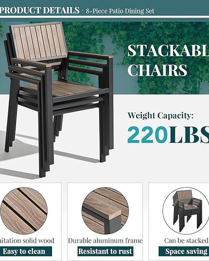 Pamapic 8-Piece Patio Dining Set，Outdoor Aluminum Furniture Set with Plastic-Wood Table Top,Outdoor Furniture Set with 6 Outdoor Stackable Chairs for Patio Garden Poolside，Walnut - LeafyLoom
